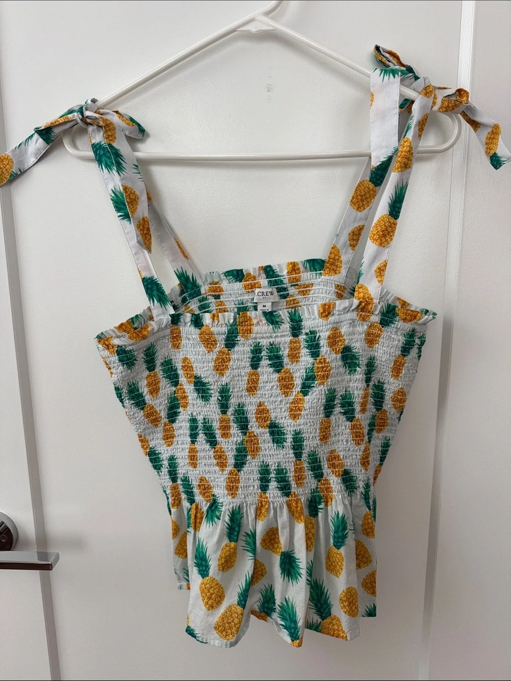 J. Crew White Pineapple Smocked Tie-Shoulder Top